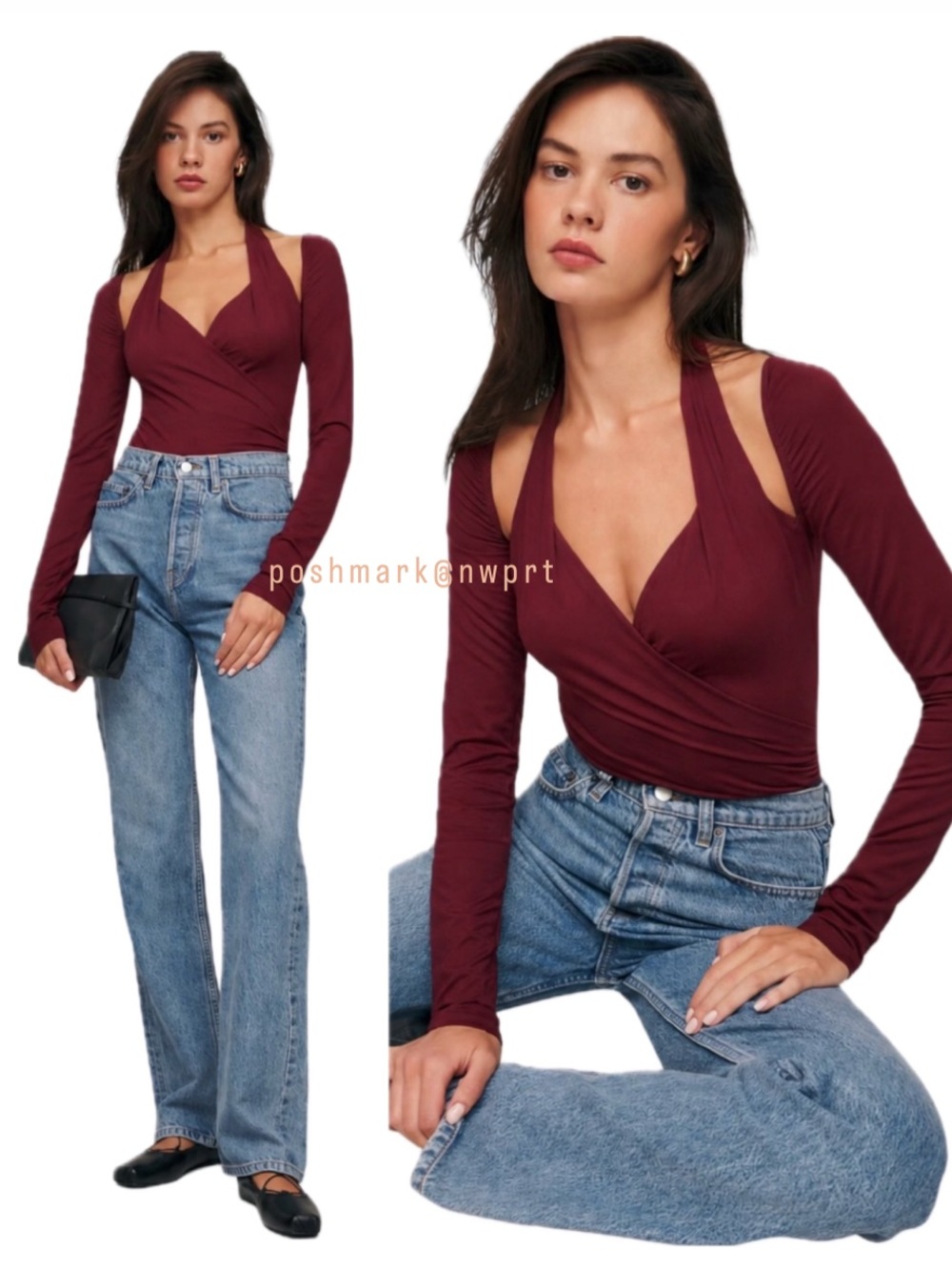 Reformation 🩰 Noa NYC Ballet Knit Bodysuit Cut Out Top XS Chianti Burgundy Wine - Picture 3 of 10